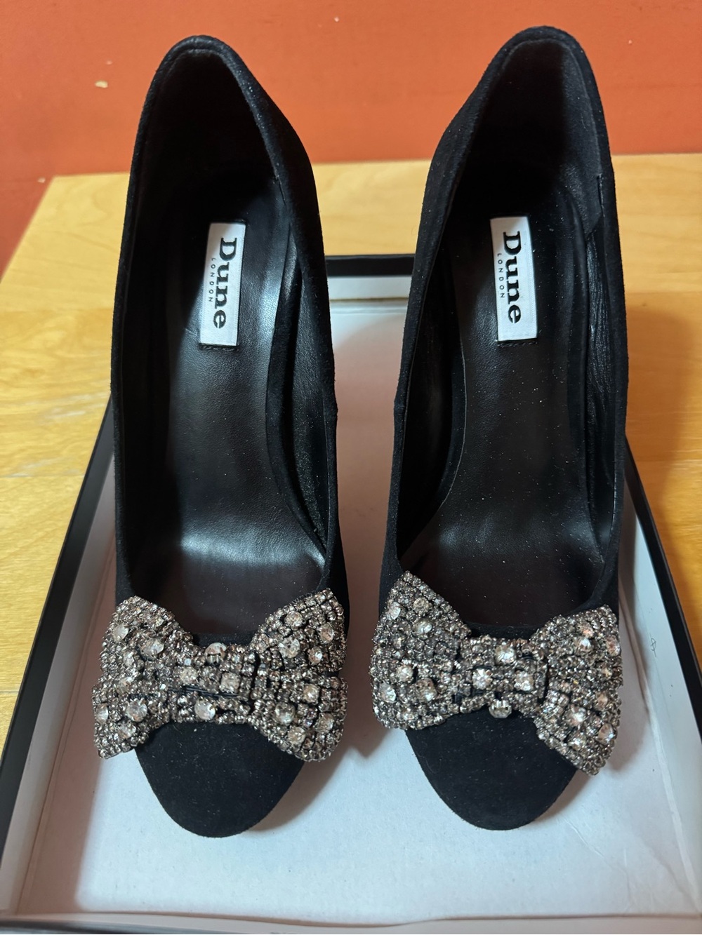 NEW Dune London Bambi black velvet suede round toe heels with diamanté bow